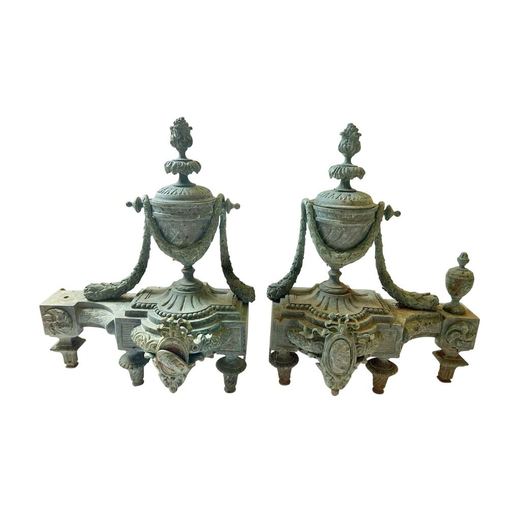 Pair of antique French-style fireplace andirons Victorian Neoclassical style